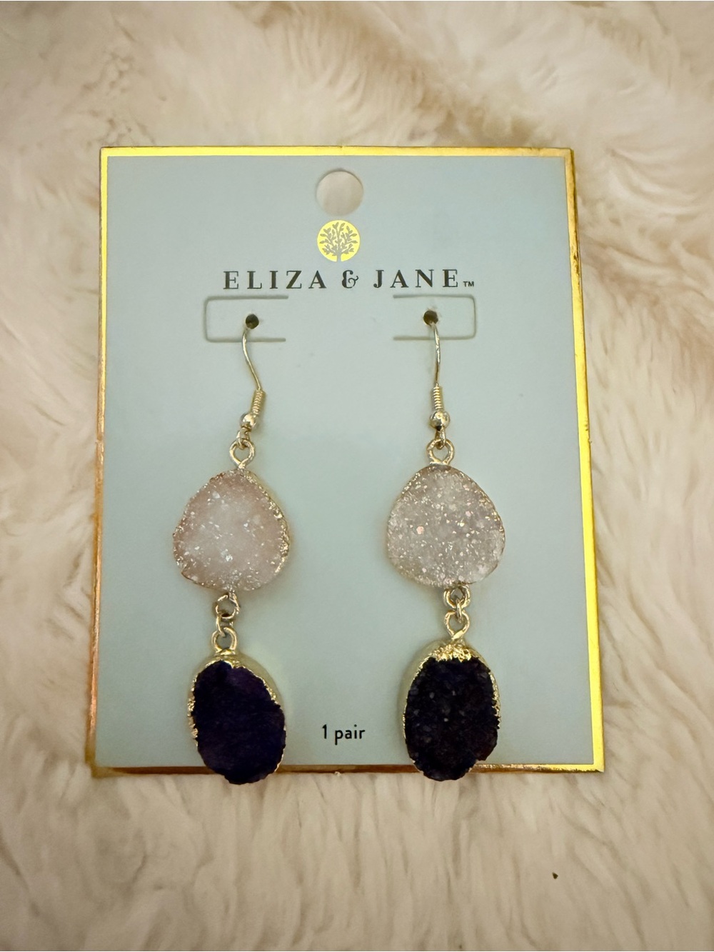 Eliza J Gold-Tone White and Purple Druzy Double Drop Earrings